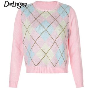 Darlingaga Vintage Roze Argyle Plaid Y2k Vrouw Truien Lange Mouwen Herfst Trui Preppy Stijl Meisjes Truien Trui