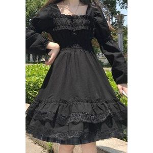 Zwarte Japanse Lolita Jurken Gothic Cosplay Dress Volledige Mouw Franse Dark Ruches Lace Lange Jurk Hoge Taille Herfst Gilr