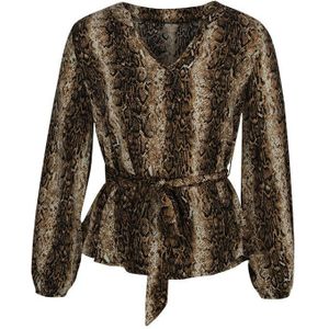 Benuynffy Office Dames Snake Print Belted Top Blouse Vrouwen Herfst Mode High Street V-hals Lange Mouwen Slim Tops