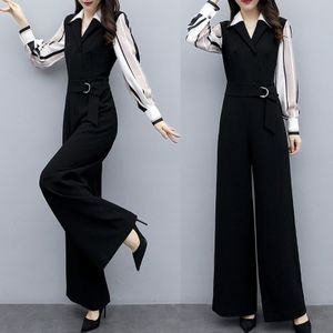 Vrouwen Lente Herfst Mode Elegante Office Workwear Casual Jumpsuit Vrouwelijke V-hals Volledige Mouw Wijde Pijpen Romper Met Riem L49