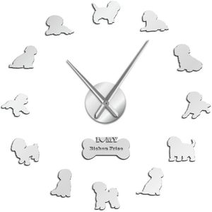 Bichon Frise Hond Ras Pug Diy Wandklok Moderne Horloges Dier Huisdier Decoratieve Grote Grote Klok Muur Sticker 3D klok
