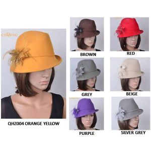100% Dames derby vrouwen hoed Wol vilten hoeden voor winter kerk Derby. orange grijs beige geel, paars bruin rood zilver