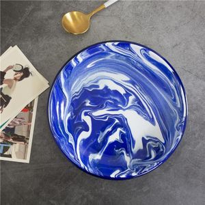 Blauw Gemarmerd Ontbijt Plaat Dikke Emaille Vlakke Plaat Sieraden Schotel Kom