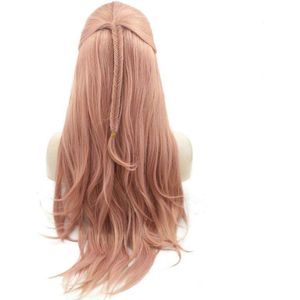 Sylvia Rose Gold Pastel Roze Natuurlijke Golf met Fishtail Gevlochten Pruiken Hittebestendige Hair Synthetische Kant Gratis Kapsel