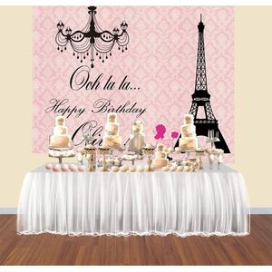 Parijse Parijs themed verjaardagsfeestje achtergrond Eiffeltoren roze damast achtergrond banner poster coustom snoep tafel dessert