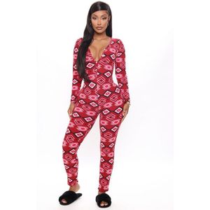 Vrouwen Dames Kerst Lange Mouwen Casual Rompertjes Plaid Jumpsuit Elastische Knoppen Nachtkleding Homewear Rood