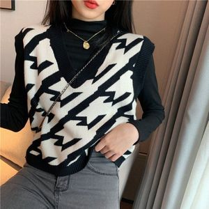 Vrouwen Gebreide Trui Vest Herfst Koreaanse Stijl Vintage Geometrische Houndstooth V Hals Mouwloze Trui Vest Tops T454