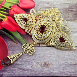 Sunspicems Marokkaanse Bruiloft Sieraden Sets Caftan Riem Broche Voor Vrouwen Goud Kleur Rode Kristal Bruid