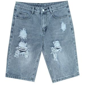 Mannen Zomer Elastische Jean Shorts Casual Losse Effen Kleur Blauw Jean Shorts Straight Hole Out Knop Taille Knie Lengte Denim shorts