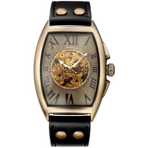 Retro Automatische Horloges Mannen Skull Skeleton Dial Self Wind Bruin Horloge Mannelijke Vintage Romeinse Aantal Klok Lederen Reloj Relogio