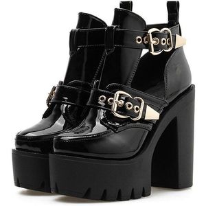 Ymechic Zomer Dans Rock Punk Stabiele Blok Hoge Hakken Gladiator Pumps Zwart Gesp Platform Sandaal Boot Goth Schoenen