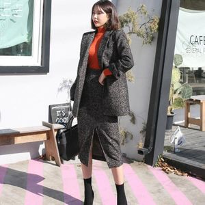 Winter Vrouwen Wollen Koreaanse Rok Pak Sets Winter Riem Enkele Knop Pak Blazer + Splitting Kokerrok Elegante Office Suits