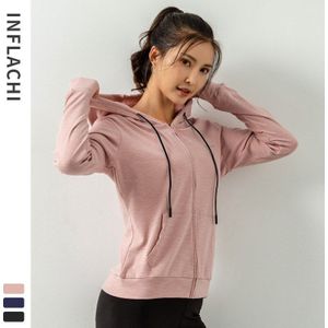 Herfst/Winter Vrouwen Sweatshirt Elastische Rits Running Gym Capuchon Haak Vinger Lange Mouw Top