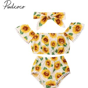 Kinderen Zomer Kleding Peuter Baby Meisje Korte Mouw Off Shoulder Zonnebloemen T-Shirts Tops + Shorts + Hoofdband 3 pcs sets