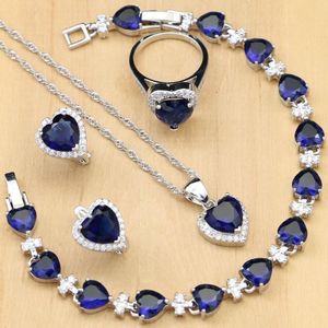 Hart Blauw Zirconia Sieraden Sets Zilveren Bruids Sieraden Docoration Voor Vrouwen Wedding Oorbellen Ringen Armband Ketting Set