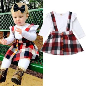 Baby Meisjes Kleding Set Wit Shirt + Plaid Sling Brace Rokken Voor Peuter Kids Kinderen Overalls Strand Rokken Set 2 stuks Outfit