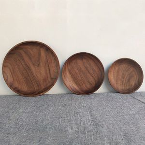 Ronde Borden Zwarte Walnoot Hout Lade Servies Dessert Platen Huishoudelijke Gladde Houten Brood Schotel Lade Keukengerei