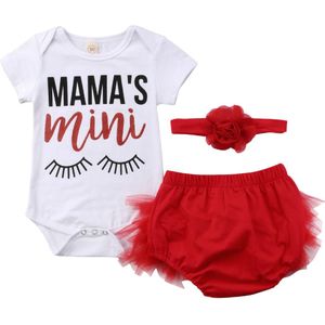 3 stuks Mamas Mini Print korte mouw Bodysuit en Tulle Knickerbockers met Hoofdband Set Voor Baby Meisje Kleding