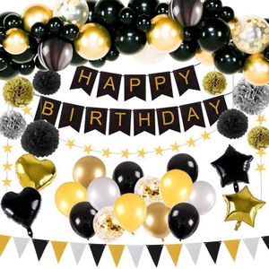 Zwart Gouden Folie Ballonnen Happy Birthday Party Decoraties Voor Volwassen Banner Tissuepapier Pompoms Anniversary Levert