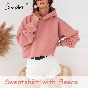 Simplee Casual Solid Roze Vrouwen Fleece Sweatshirts Lange Mouw Herfst Winter Vrouwelijke Hoodies Loose Dames Trui Tops