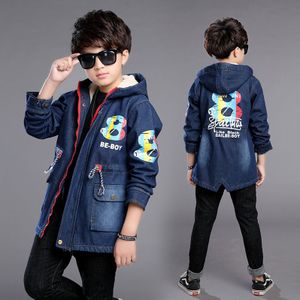 Jongens Meisjes 4-14 Y Winter Herfst Denim Jeans Lange Mouwen Hooded Fleece Warme Jassen Mode Cowboys No.1 8 patroon Windscherm Jassen