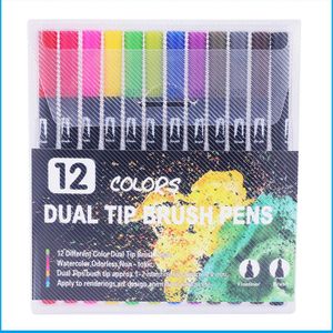 12 Stks/set Marker Pen Set Aquarel Pen Borstel Markers Dual Tip Fineliner Tekening Voor Bullet Journal Art Markers Kleuren Pennen