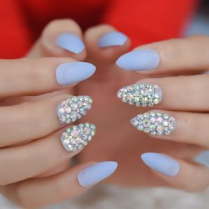 Rhinestone Matte Doodskist Korte Nagels Maroon Rood Kleurrijke Edelsteen Handgemaakte Nep Nagels Frosted Party Lady Nagels