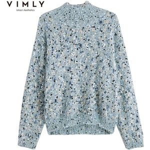 Vimly Vrouwen Coltrui Gebreide Trui Herfst Winter Mode Losse Lange Mouwen Patchwork Dikke Vintage Vrouwelijke Trui Tops F5261