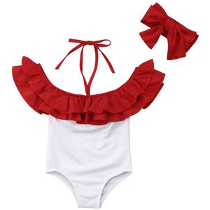 Baby Meisje Badmode Kid Badpak Kinderen Jumpsuit Halter Badpak Ruffle Off Shoulder Badmode + Hoofdband 2Pcs Beachwear