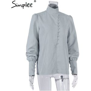 Simplee Toevallige Stand Kraag Wit Shirt Lange Mouw Knop Comfortabele Fit Office Top High Street Lente Herfst Mode Top