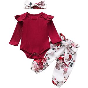 Pasgeboren Baby Baby Meisje Jongen Kleding Sets Solid Romper Tops Bloemenprint Broek Leggings Hoofdband Outfits Set Kleding