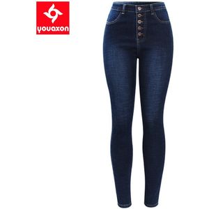 2141 Youaxon Warme Hoge Taille Jeans Voor Vrouwen Elastische Dark Blue Button Fly Denim Skinny Broek Broek