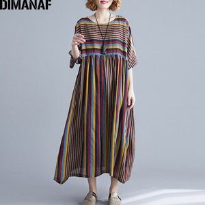 DIMANAF Plus Size Vrouwen Jurk Vintage Big Size Herfst Lady Vestidos Print Gestreepte Vrouwelijke Losse Katoenen Jurk 5XL 6XL