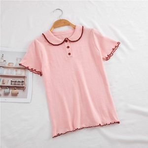 zomer Koreaanse polo kraag trui vrouwen houten oor korte mouwen Slim shirt tops