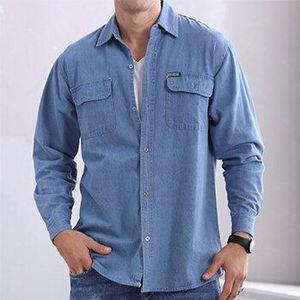 Heren Blue Denim Shirt Met Borst Flap Zakken Lange Mouwen Casual Jean Shirts Voor Mannen Cowboy Shirt