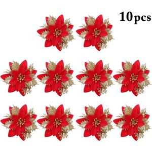 5PCS Kerst Bloemen Kunstmatige Glitter Poinsettia Bloemen met 10 Clips