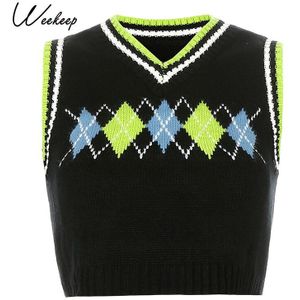 Weekeep Argyle Gebreide Trui Vest Vrouwen Preppy Stijl Plaid Streetwear Preppy Stijl Y2K Patchwork Mouwloos Knitwear Tank Tops