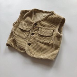 Kinderen Vest Voor Meisje Japanse Gestreepte Fluwelen Pocket Mouwloze Jongens En Meisjes Corduroy Baby Vesten