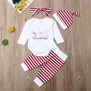 3Pcs Pasgeboren Kleding Set Eerste Kerst Brief Bodysuit Baby Jongens Rompertjes Gestreepte Broek Hoeden Xmas Baby Meisjes Set Baby pak