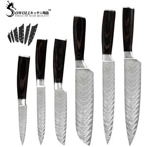 Sowoll Keuken Rvs Messen Tool Fruit Utility Santoku Chef Slicer Damascus Veins Keukenmessen Schaar Sharpener Bar