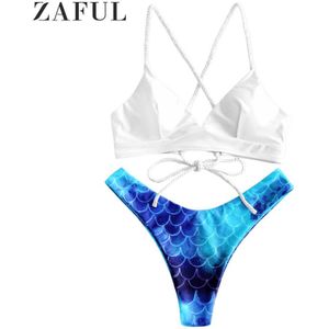 ZAFUL Criss Cross Mermaid Hoge Cut Bikini Badpak Vrouwen Spaghettibandjes Badpak Sexy Badpak Pull Over Badmode