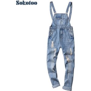 Sokotoo mannen enkellange light blue ripped denim crop bib overalls Plus size distressed jeans Jumpsuits