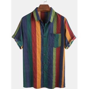Incerun Zomer Mannen Casual Shirt Strand Korte Mouwen Kleurrijke Gestreepte Revers Mens Hawaiian Shirts Streetwear Ademend Blouse