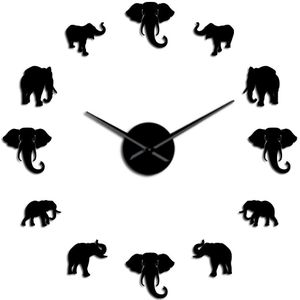 Grote Wandklok Jungle Dieren Olifant DIY Home Decor Modern Spiegel Effect Giant Frameloze Olifanten DIY Klok Horloge