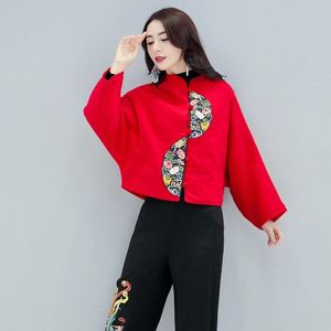 Chinese Stijl Kleding Vrouwen Rode Borduurwerk Folk Retro Vintage Jas Jas Vrouwelijke Ethinc Blouse Dames Chinese Tops FF2540