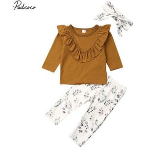 Baby Lente Herfst Kleding Pasgeboren Baby Baby Meisjes Bloem Ruches Kraag Top T-shirts Bloemen Broek Hoofdband Meisje Kleding