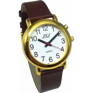 Franse Praten Horloge met Alarm Functie, Praten Datum en tijd, Witte Wijzerplaat, Bruine Lederen Band, golden Case TAF-506
