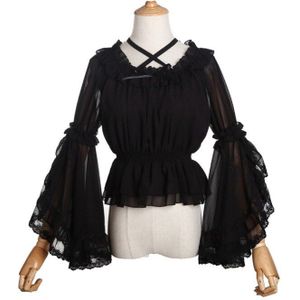 Vrouwen Lichtgewicht Zwart Wit Drie Kwart Mouw Blouse Top Vrouwelijke Losse Dieptepunt Shirt Lolita Verstoorde Kraag Crop Top Shirt