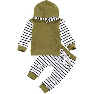 Pasgeboren Baby Boy Hooded Top, Jogger Broek Pak, gestreepte Print V-hals Lange Mouwen Voorzak Hoodie Lace-Up Broek