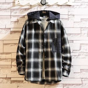 Plaid Men Long Sleeve Shirt Loose Japanese Streetwear Casual Shirts With Hoodied Plus Asian Size M-5XL